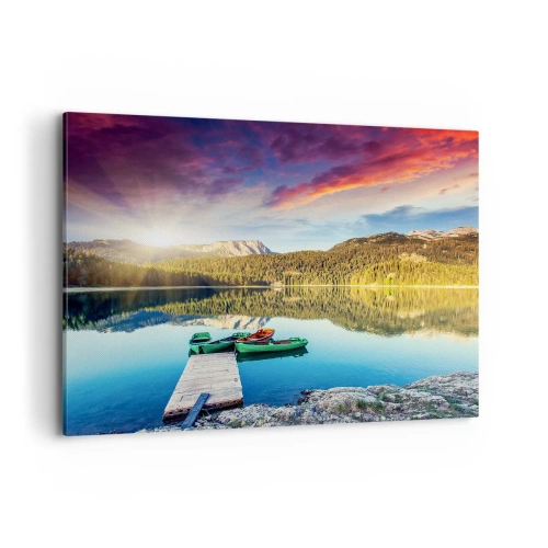 Cuadro sobre lienzo - Impresión de Imagen - Puesta de sol sobre el lago con barcos en el muelle - 100x70cm - Sobre el agua tan suave como un espejo - Decoración de pared moderna para salón y dormitorio ARTTOR