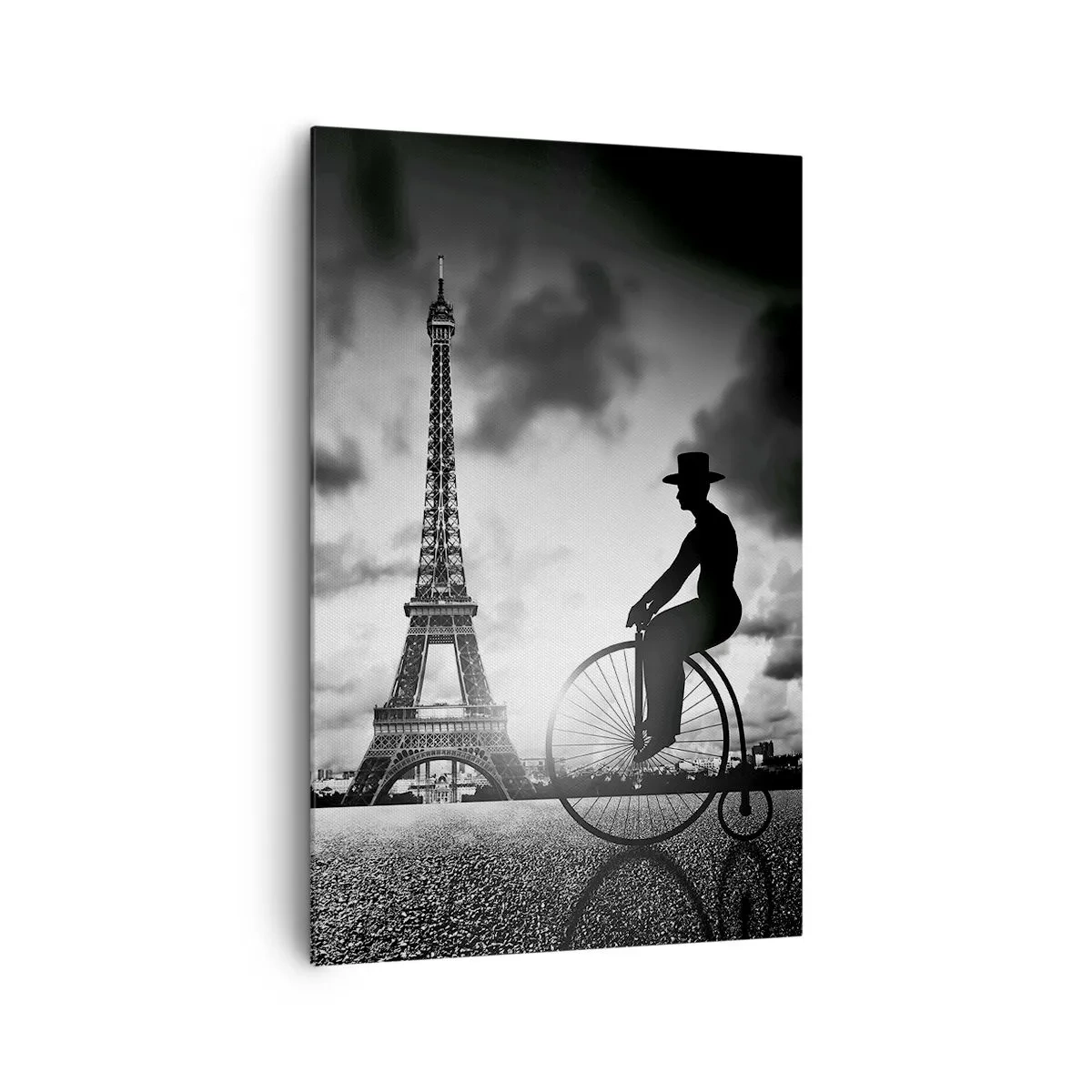 Cuadro sobre lienzo - Impresión de Imagen - Imagen en blanco y negro de una bicicleta retro con la Torre Eiffel al fondo. - 80x120cm - Añoranza de la Belle Epoque - Decoración de pared moderna para salón y dormitorio ARTTOR