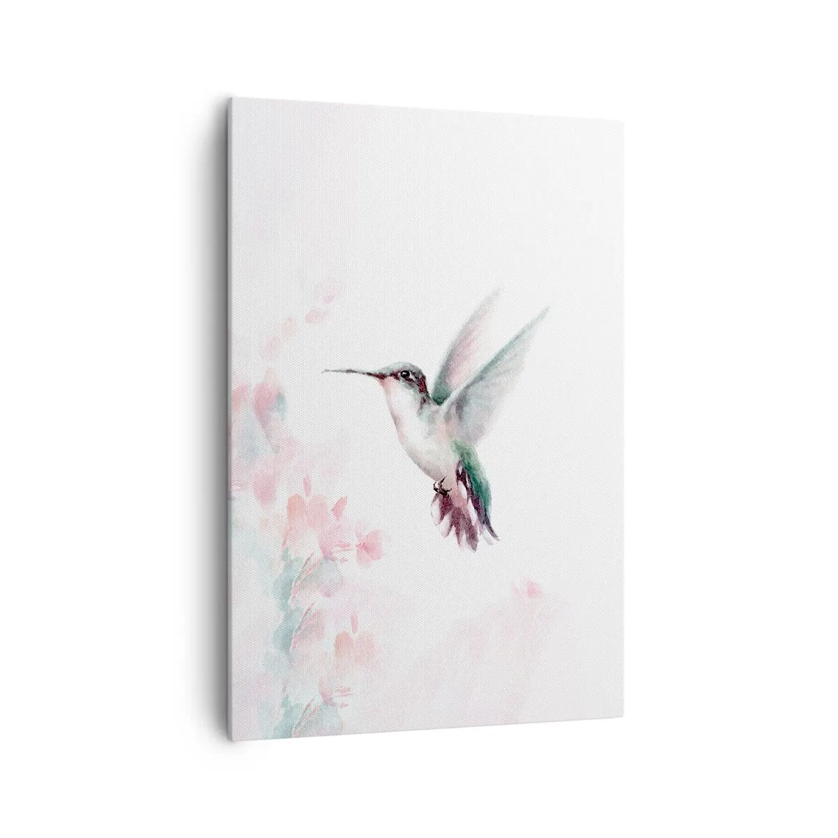 Cuadro sobre lienzo - Impresión de Imagen - Un colibrí en delicados colores pastel sobre un fondo de flores. - 70x100cm - Plasmando el aleteo - Decoración de pared moderna para salón y dormitorio ARTTOR