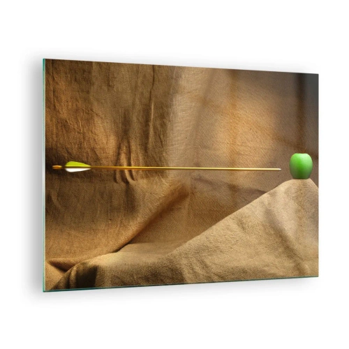 Cuadro sobre vidrio - Impresiones sobre Vidrio - Una manzana verde sobre un fondo beige con una flecha que la atraviesa. - 70x50cm - Evocar el espíritu de Wilhelm Tell - Decoración de pared moderna para salón y dormitorio ARTTOR
