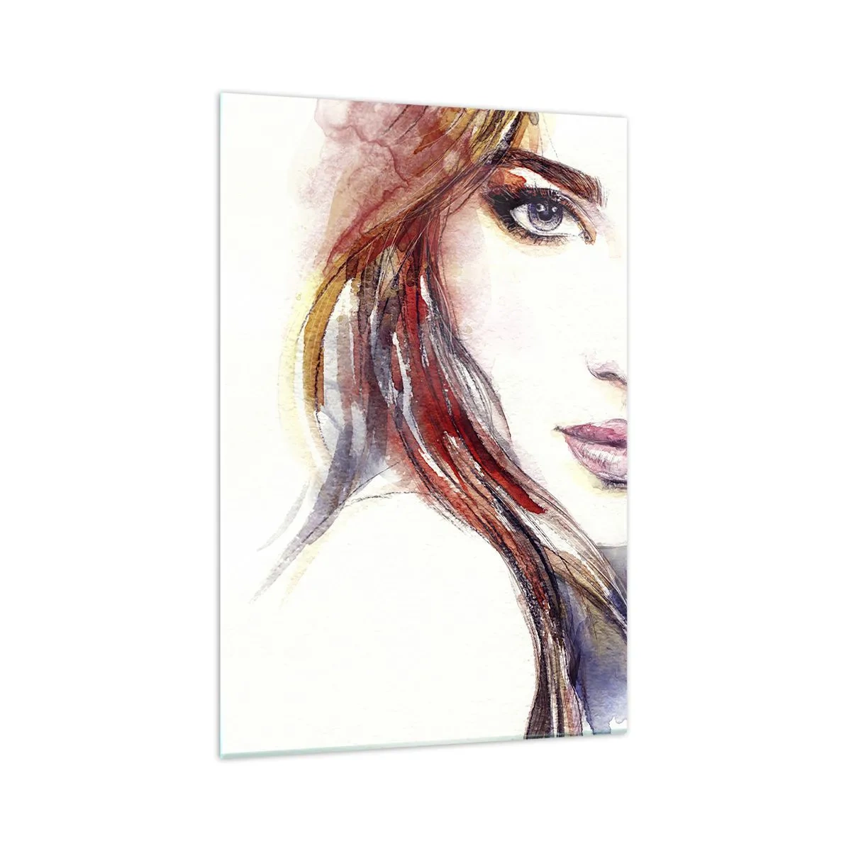 Cuadro sobre vidrio - Impresiones sobre Vidrio - Una sutil acuarela del rostro de una mujer con una mirada expresiva. - 70x100cm - Sígueme - Decoración de pared moderna para salón y dormitorio ARTTOR