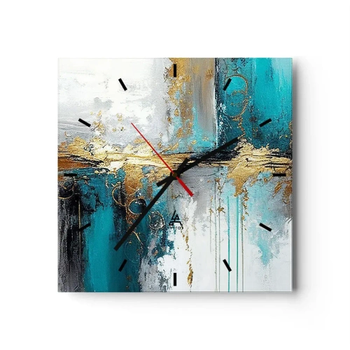 Reloj de pared - Reloj de vidrio - Una composición abstracta con acentos turquesa y dorado. - 30x30cm - Todo fluye - Decoración de pared moderna para salón y dormitorio ARTTOR