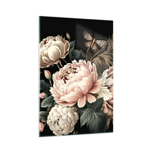 Cuadro sobre vidrio - Impresiones sobre Vidrio - Un ramo de flores rosas y mariposas sobre un fondo negro. - 70x100cm - En estilo barroco - Decoración de pared moderna para salón y dormitorio ARTTOR