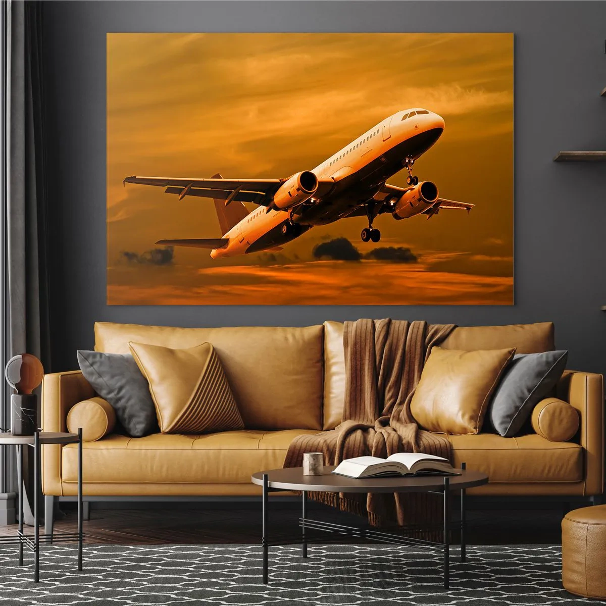 Cuadro sobre vidrio - Impresiones sobre Vidrio - Un avión despegando contra un cielo naranja. - 100x70cm - Vuelo hacia el sol - Decoración de pared moderna para salón y dormitorio ARTTOR