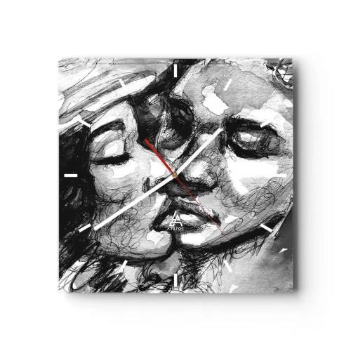 Reloj de pared - Reloj de vidrio - Una acuarela en blanco y negro que representa un momento íntimo entre dos personas. - 30x30cm - Un momento tierno - Decoración de pared moderna para salón y dormitorio ARTTOR