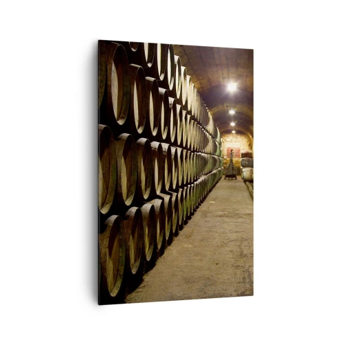 Cuadro sobre lienzo - Impresión de Imagen - Una bodega con barriles de vino de madera dispuestos en filas. - 80x120cm - El placer  - Decoración de pared moderna para salón y dormitorio ARTTOR