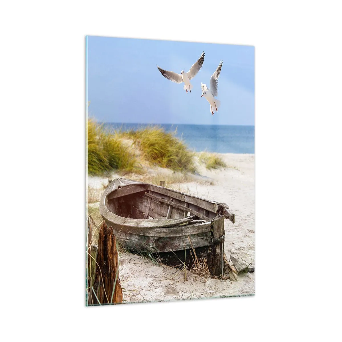 Cuadro sobre vidrio - Impresiones sobre Vidrio - Barco de madera en la playa con gaviotas en vuelo - 50x70cm - Bañada por el viento - Decoración de pared moderna para salón y dormitorio ARTTOR