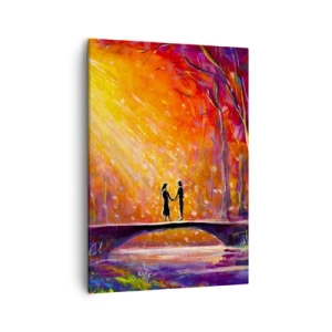Cuadro sobre lienzo - Impresión de Imagen - Pareja romántica en un puente en el bosque otoñal - 50x70cm - El cielo también los ama - Decoración de pared moderna para salón y dormitorio ARTTOR