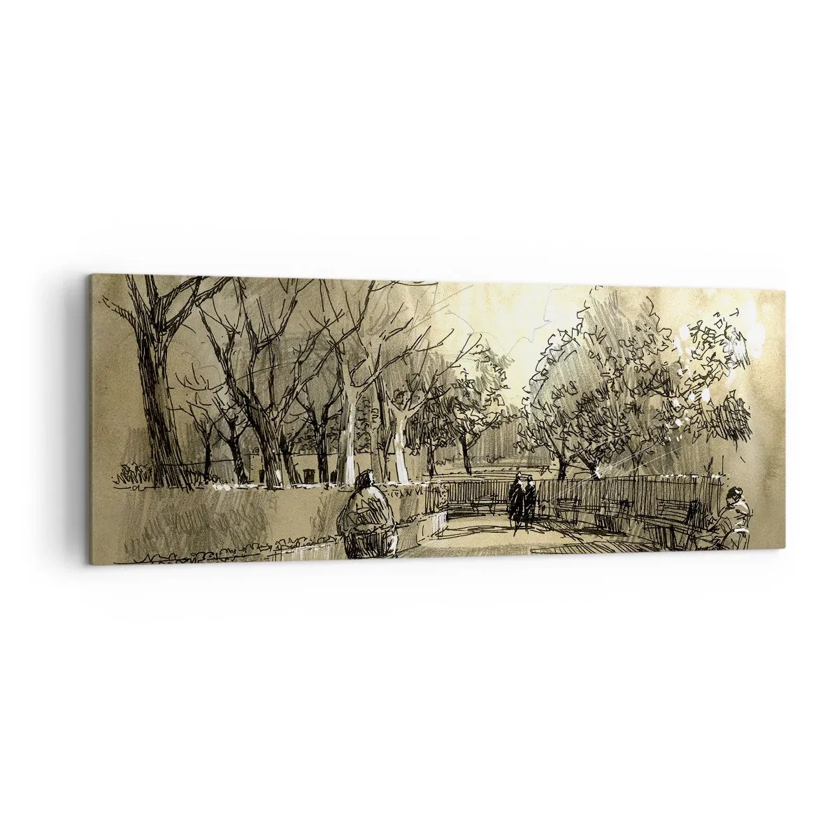 Cuadro sobre lienzo - Impresión de Imagen - Una escena de dibujos animados de un parque con gente caminando en tonos cálidos. - 140x50cm - Un momento hecho a pluma - Decoración de pared moderna para salón y dormitorio ARTTOR