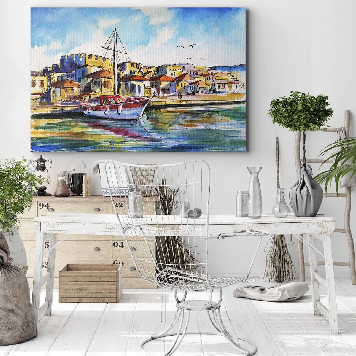 Cuadro sobre lienzo - Impresión de Imagen - Un puerto pintoresco con un barco y edificios coloridos. - 120x80cm - Tarde de arco iris - Decoración de pared moderna para salón y dormitorio ARTTOR