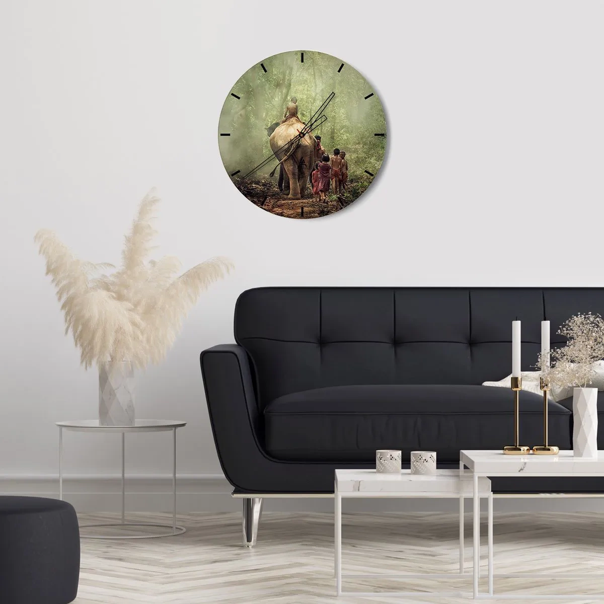 Reloj de pared - Reloj de vidrio - Niños y un elefante en un bosque denso por la mañana. - 30x30cm - El nuevo libro de la selva - Decoración de pared moderna para salón, cocina y dormitorio ARTTOR