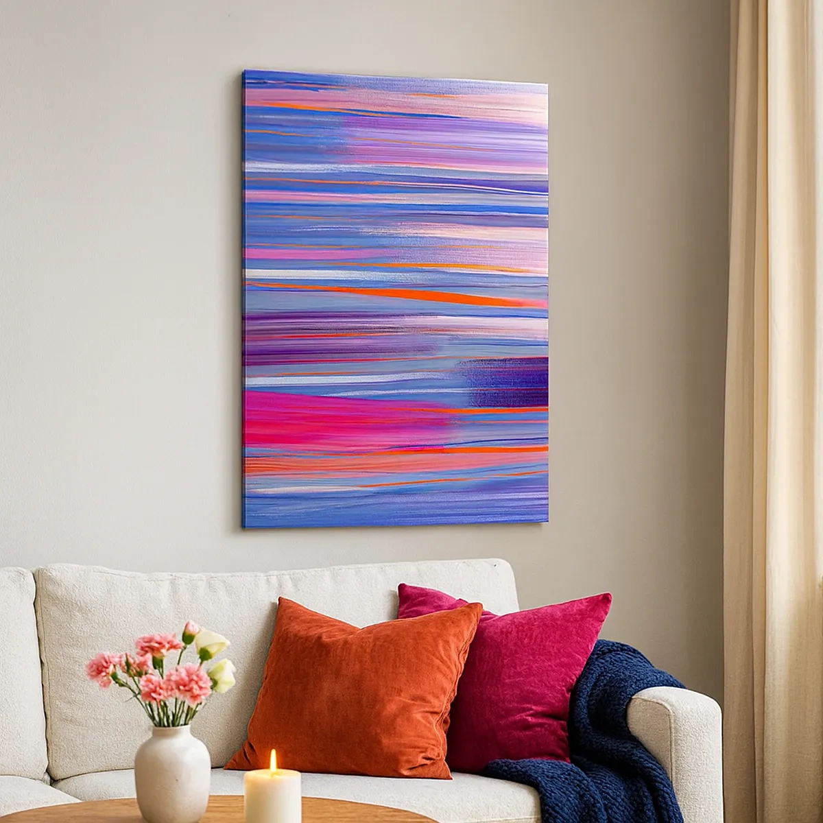 Cuadro sobre lienzo - Impresión de Imagen - Líneas verticales abstractas en tonos azul y rosa. - 50x70cm - Ascensión - Decoración de pared moderna para salón y dormitorio ARTTOR