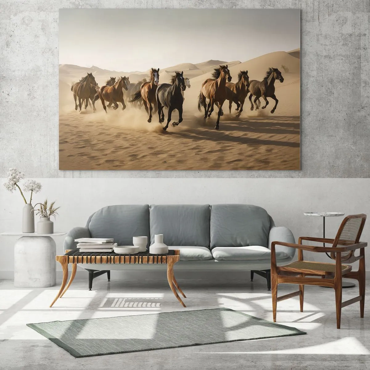 Cuadro sobre vidrio - Impresiones sobre Vidrio - Una manada de caballos al galope en el desierto entre las dunas de arena. - 70x50cm - Libre como el viento - Decoración de pared moderna para salón y dormitorio ARTTOR