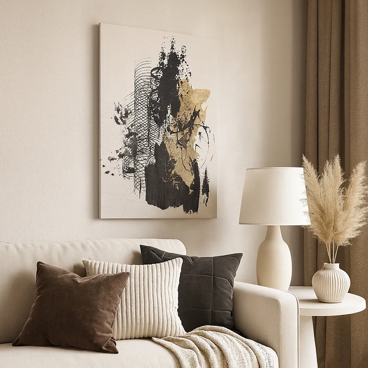 Cuadro sobre lienzo - Impresión de Imagen - Una pintura abstracta en negro y dorado con líneas y estructuras dinámicas. - 50x70cm - Composición con pasión - Decoración de pared moderna para salón y dormitorio ARTTOR