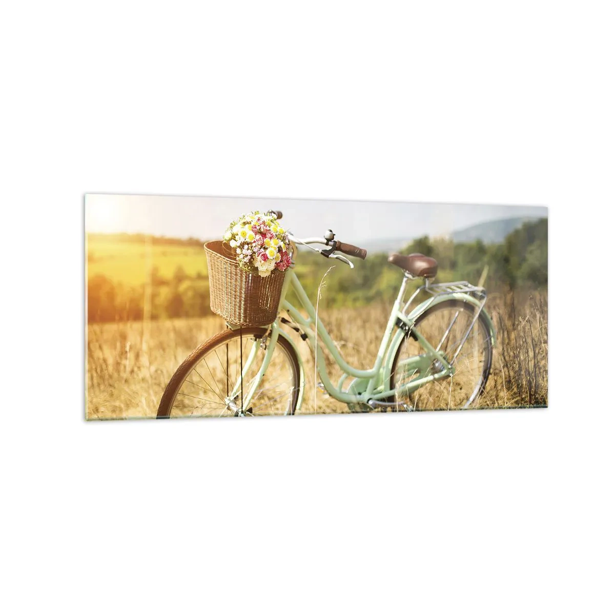 Cuadro sobre vidrio - Impresiones sobre Vidrio - Una bicicleta retro con una cesta llena de flores sobre un fondo de pradera. - 120x50cm - Me quedaré aquí un tiempo - Decoración de pared moderna para salón y dormitorio ARTTOR