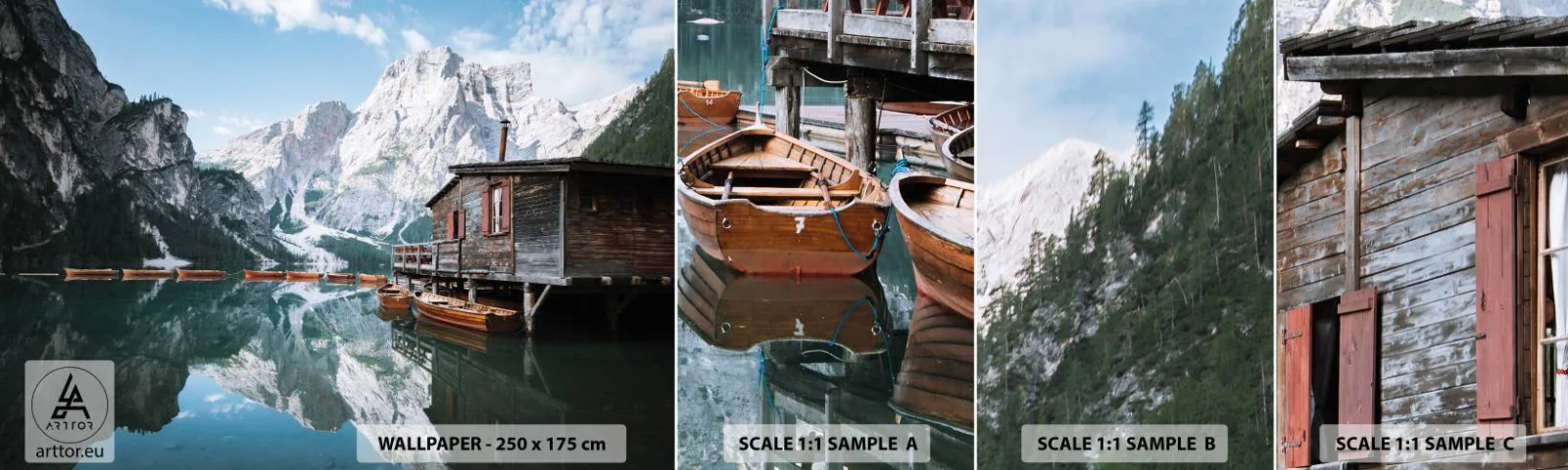 Muestra de fotomural autoadhesivo Deluxe Sticker - Una mañana cristalina de montaña - paisaje de montaña, Sol, Lago - 100x30 cm