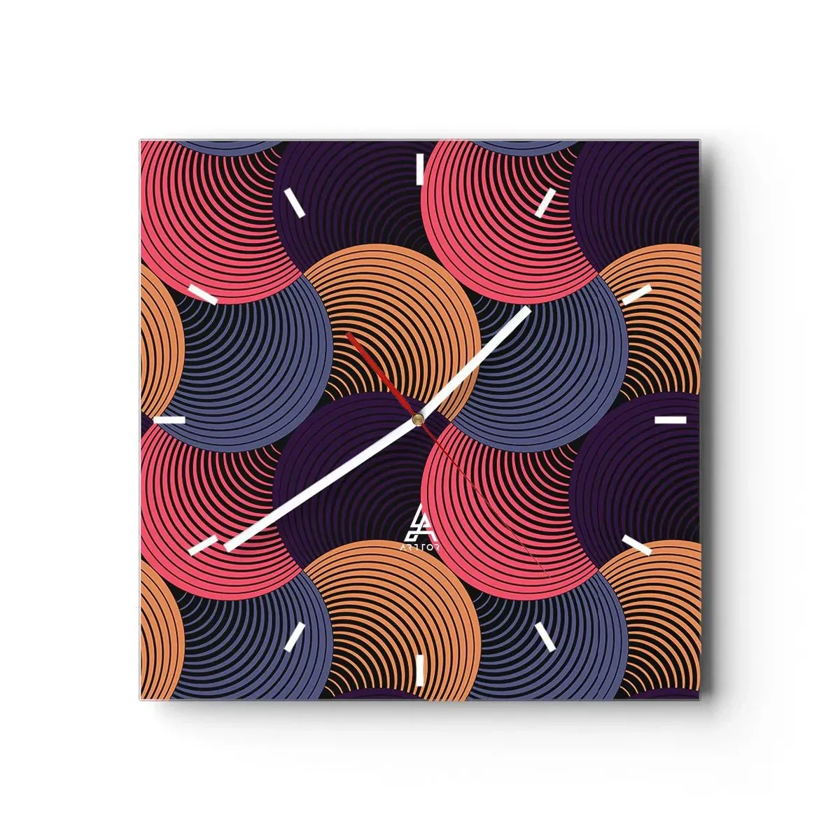 Reloj de pared - Reloj de vidrio - Círculos geométricos en tonos rosa, morado y dorado. - 30x30cm - En un ritmo circular - Decoración de pared moderna para salón y dormitorio ARTTOR