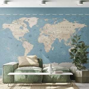 Fotomural Premium Sand - Mapa del mundo vintage sobre fondo azul - 100x70cm - Un mundo al alcance de la mano - Decoración de pared moderna para salón y dormitorio ARTTOR