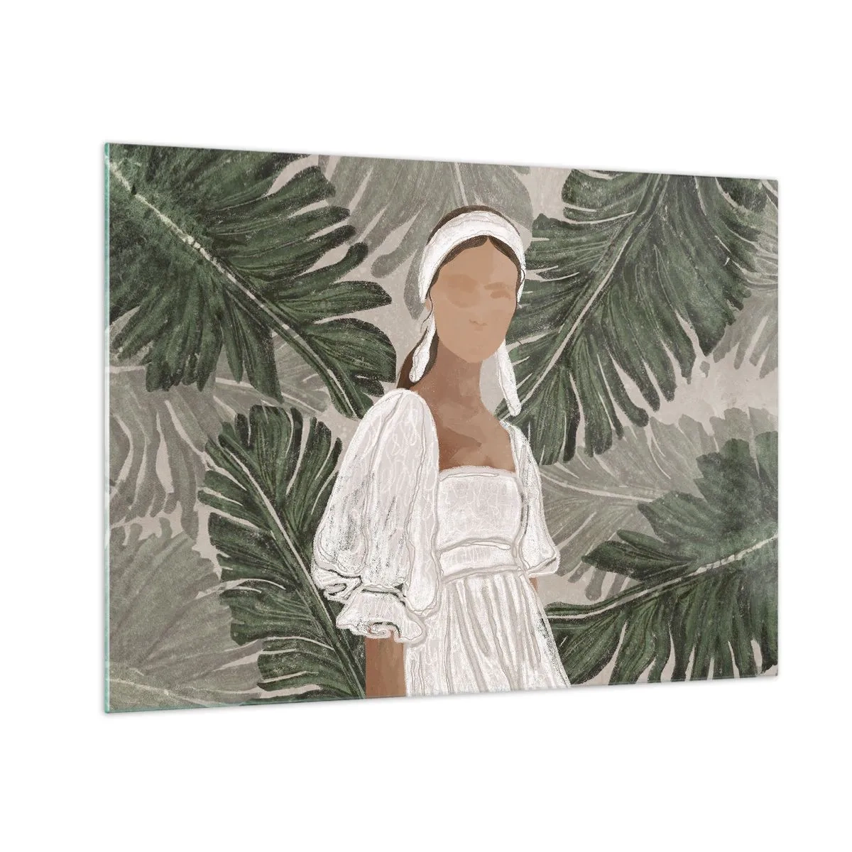 Cuadro sobre vidrio - Impresiones sobre Vidrio - Una mujer con un vestido blanco sobre un fondo de hojas tropicales verdes. - 70x50cm - Retrato exótico - Decoración de pared moderna para salón y dormitorio ARTTOR