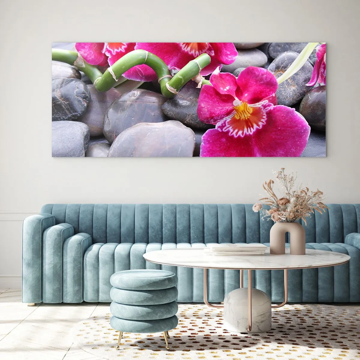 Cuadro sobre vidrio - Impresiones sobre Vidrio - Orquídeas rosas sobre un fondo de piedras lisas. - 160x50cm - Frío y calor - Decoración de pared moderna para salón y dormitorio ARTTOR