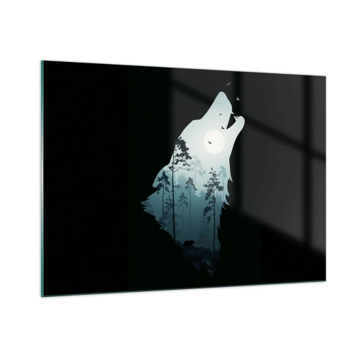 Cuadro sobre vidrio - Impresiones sobre Vidrio - Silueta de un lobo con un bosque y la luna al fondo sobre un fondo negro - 100x70cm - Voz de la noche del bosque - Decoración de pared moderna para salón y dormitorio ARTTOR