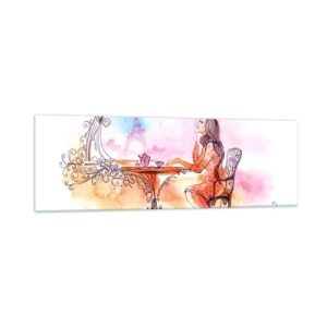 Cuadro sobre vidrio - Impresiones sobre Vidrio - Acuarela romántica de una mujer en un café con vistas a una torre. - 160x50cm - Estilo parisino - Decoración de pared moderna para salón y dormitorio ARTTOR