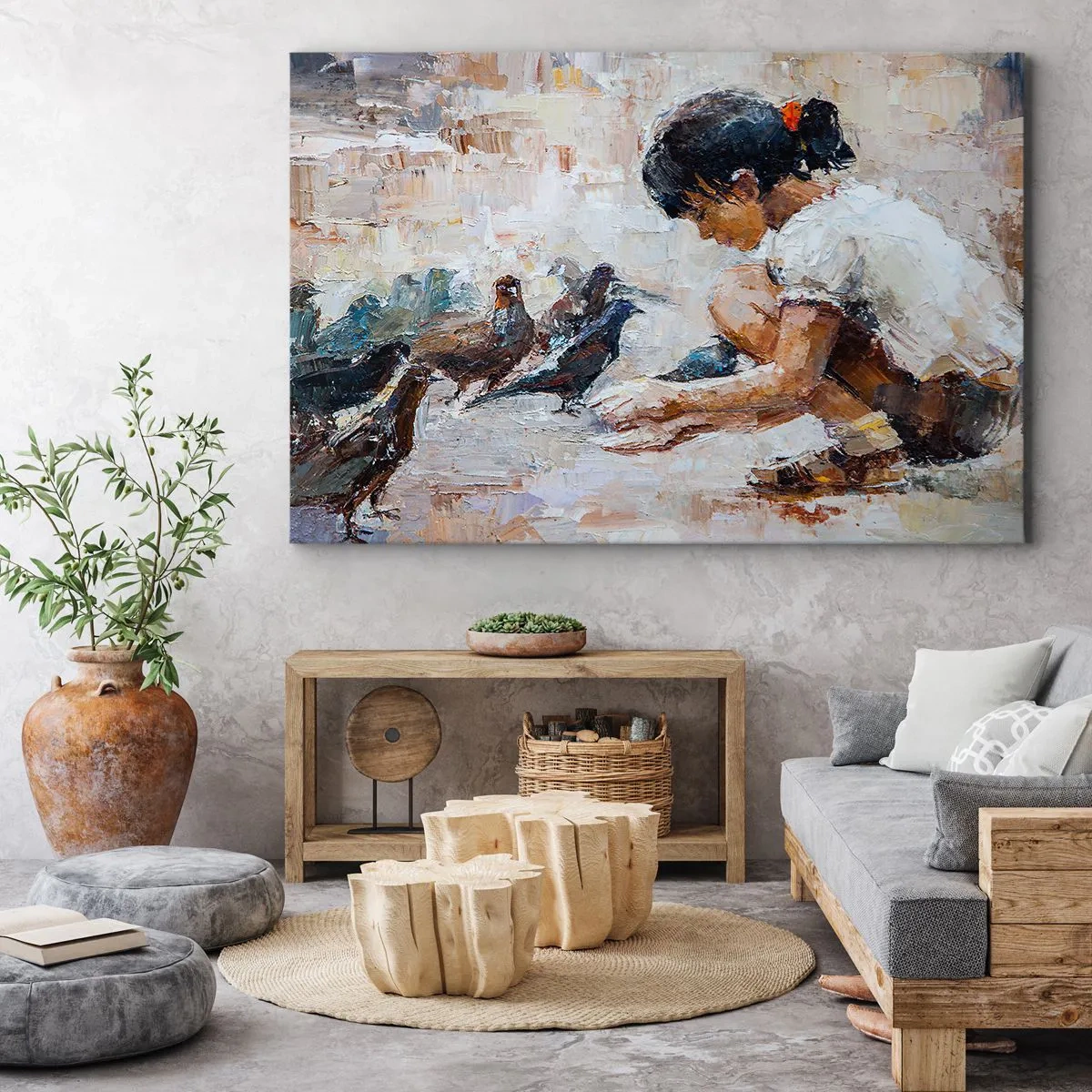 Cuadro sobre lienzo - Impresión de Imagen - Una niña alimentando pájaros en un estilo pictórico. - 70x50cm - Pequeños y dulces - Decoración de pared moderna para salón y dormitorio ARTTOR