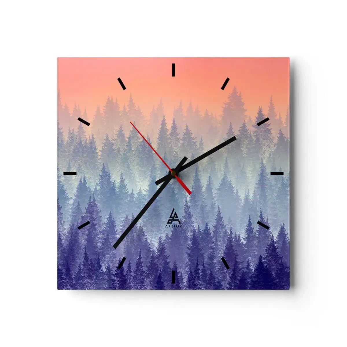 Reloj de pared - Reloj de vidrio - Un bosque brumoso en tonos morados y naranjas. - 30x30cm - Alto, más alto, hasta el cielo - Decoración de pared moderna para salón y dormitorio ARTTOR