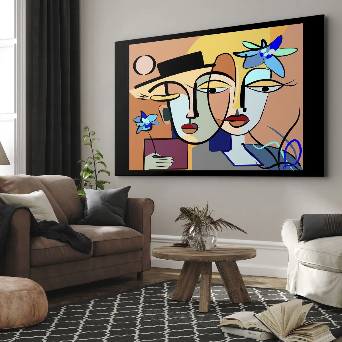 Cuadro sobre lienzo - Impresión de Imagen - Retratos cubistas en colores vibrantes con motivo floral. - 120x80cm - Randez vous de Picasso - Decoración de pared moderna para salón y dormitorio ARTTOR