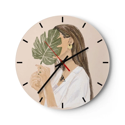 Reloj de pared - Reloj de vidrio - Una silueta femenina oscurecida por una hoja de monstera sobre un fondo claro. - 30x30cm - Retrato misterioso con un abanico - Decoración de pared moderna para salón, cocina y dormitorio ARTTOR