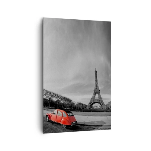 Cuadro sobre lienzo - Impresión de Imagen - Un coche rojo con la Torre Eiffel al fondo en un paisaje en blanco y negro. - 80x120cm - Más parisino que el propio París - Decoración de pared moderna para salón y dormitorio ARTTOR