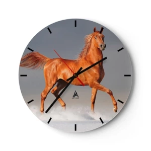 Reloj de pared - Reloj de vidrio - Un caballo al galope con un pelaje castaño sobre un fondo claro. - 30x30cm - Danza al viento - Decoración de pared moderna para salón, cocina y dormitorio ARTTOR