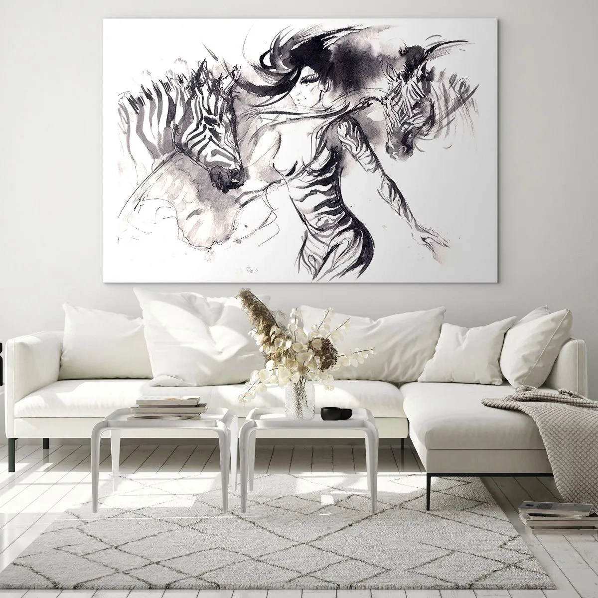 Cuadro sobre vidrio - Impresiones sobre Vidrio - Composición en blanco y negro con una mujer y una cebra en estilo artístico. - 70x50cm - Bailando con las cebras - Decoración de pared moderna para salón y dormitorio ARTTOR