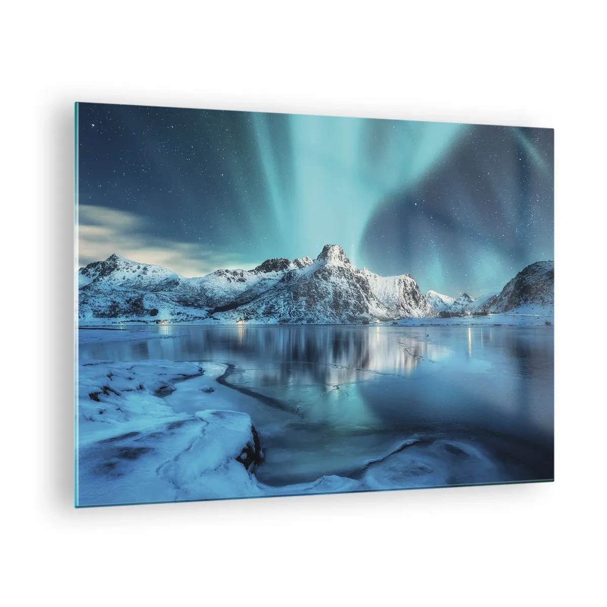 Cuadro sobre vidrio - Impresiones sobre Vidrio - Aurora boreal sobre las montañas nevadas - 70x50cm - Una noche de luz - Decoración de pared moderna para salón y dormitorio ARTTOR