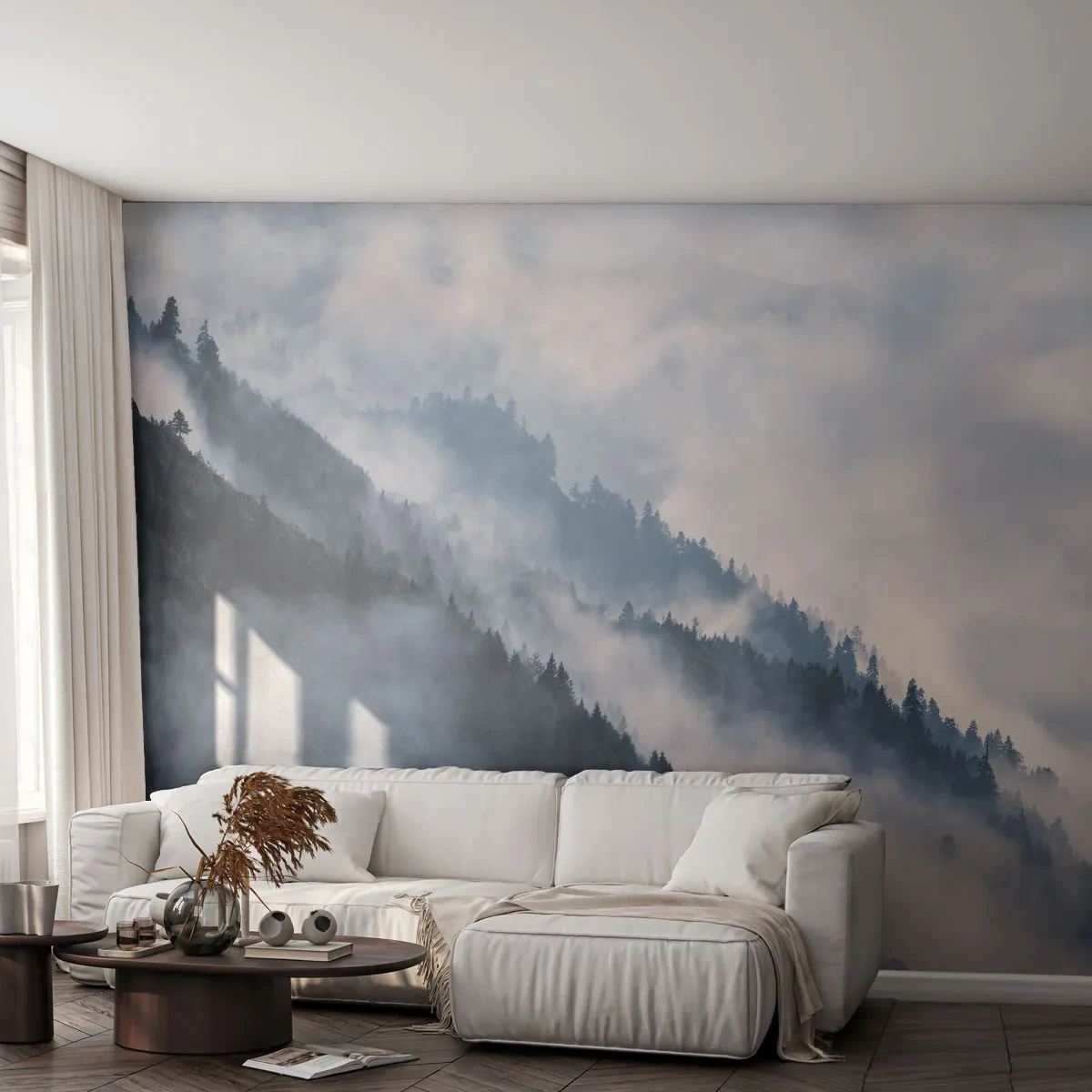 Fotomural Premium Sand - Laderas de montaña brumosas cubiertas de bosques de coníferas - 100x70cm - Misticismo de las montañas - Decoración de pared moderna para salón y dormitorio ARTTOR