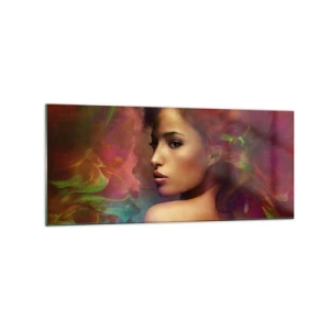 Cuadro sobre vidrio - Impresiones sobre Vidrio - Una mujer con reflejos coloridos creando un fondo abstracto. - 120x50cm - Más hermosa que un arco iris, tan delicada como la niebla - Decoración de pared moderna para salón y dormitorio ARTTOR