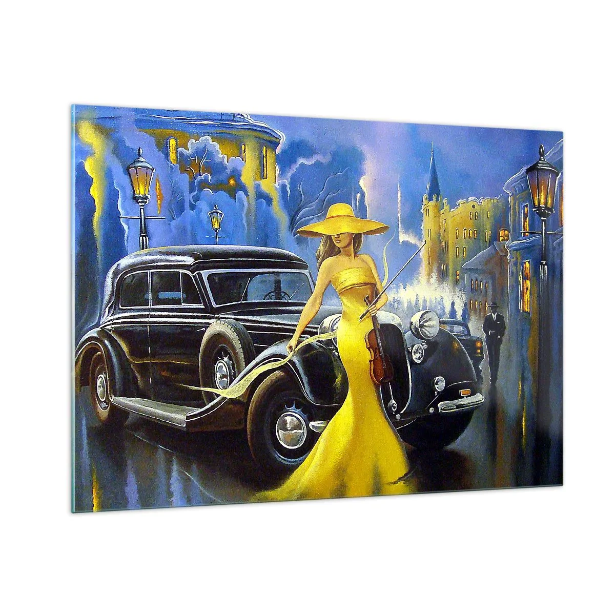 Cuadro sobre vidrio - Impresiones sobre Vidrio - Una mujer con un vestido amarillo junto a un coche clásico. - 100x70cm - Noche de violín y pasión - Decoración de pared moderna para salón y dormitorio ARTTOR