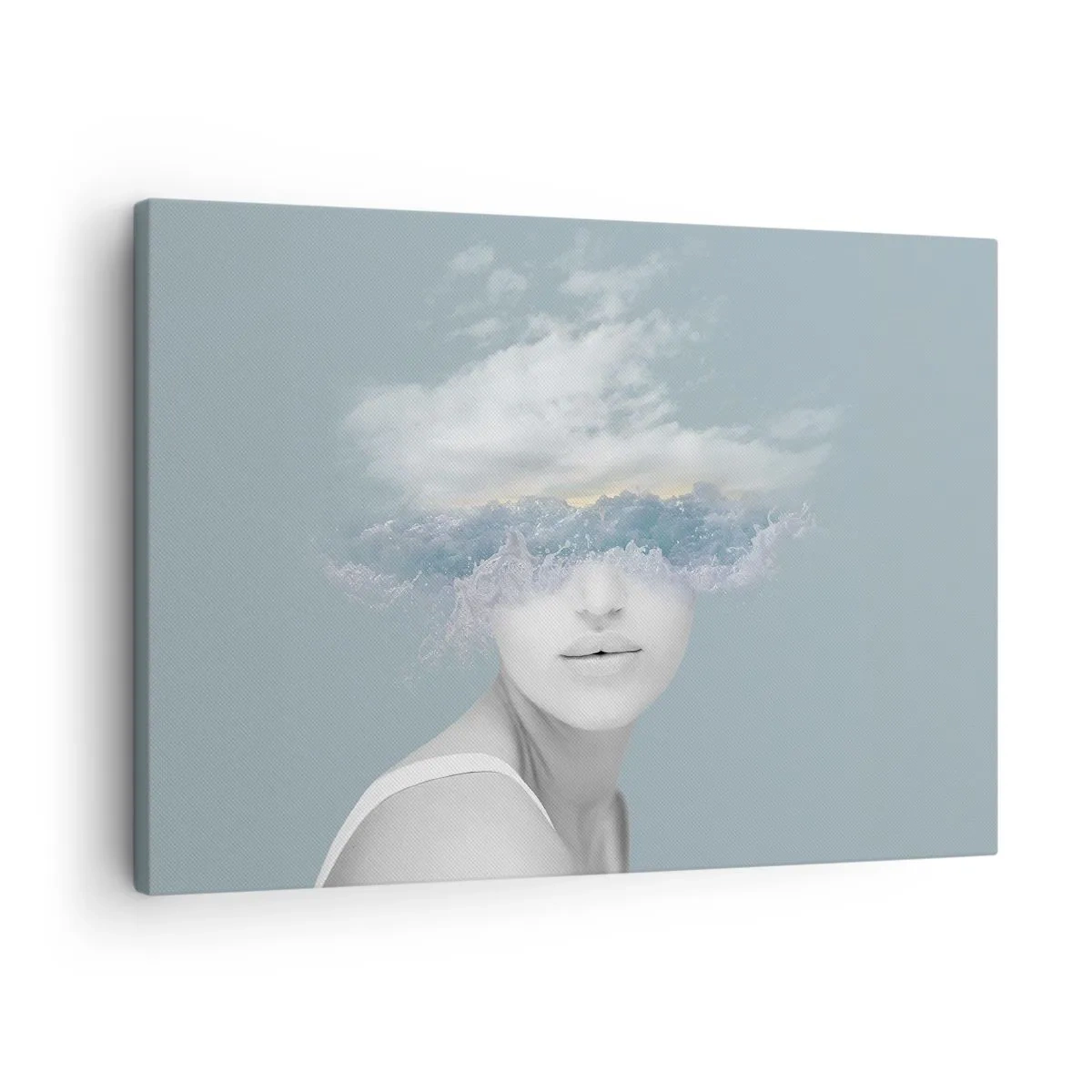 Cuadro sobre lienzo - Impresión de Imagen - Retrato de una mujer con el rostro oculto tras nubes y olas. - 70x50cm - Con la cabeza en las nubes - Decoración de pared moderna para salón y dormitorio ARTTOR