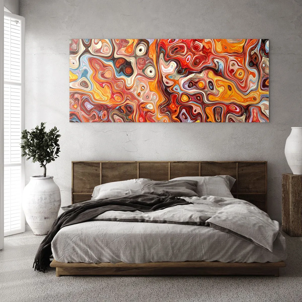 Cuadro sobre vidrio - Impresiones sobre Vidrio - Una composición abstracta en tonos cálidos de rojo, naranja y amarillo. - 120x50cm - Si las nueces se derritieran en la miel - Decoración de pared moderna para salón y dormitorio ARTTOR