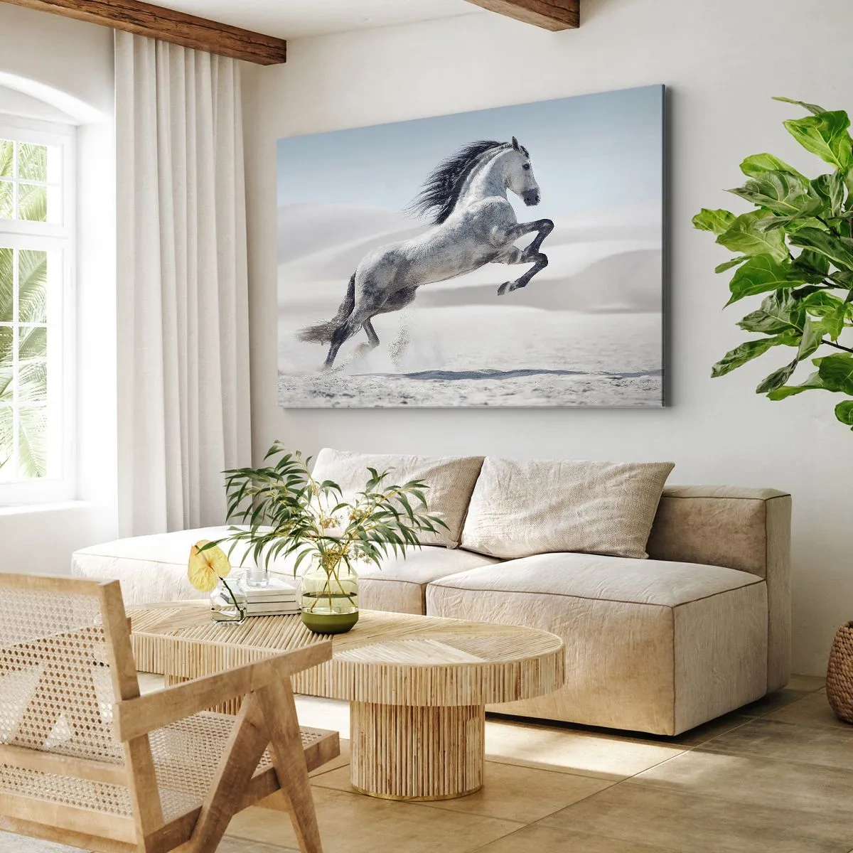 Cuadro sobre lienzo - Impresión de Imagen - Un caballo blanco galopando con las dunas del desierto como telón de fondo. - 100x70cm - Un príncipe árabe - Decoración de pared moderna para salón y dormitorio ARTTOR