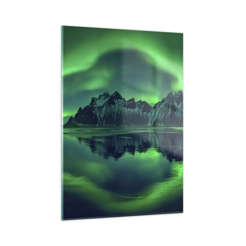 Cuadro sobre vidrio - Impresiones sobre Vidrio - La aurora boreal flotando sobre un paisaje montañoso y reflejándose en el agua. - 50x70cm - En los brazos de la aurora - Decoración de pared moderna para salón y dormitorio ARTTOR