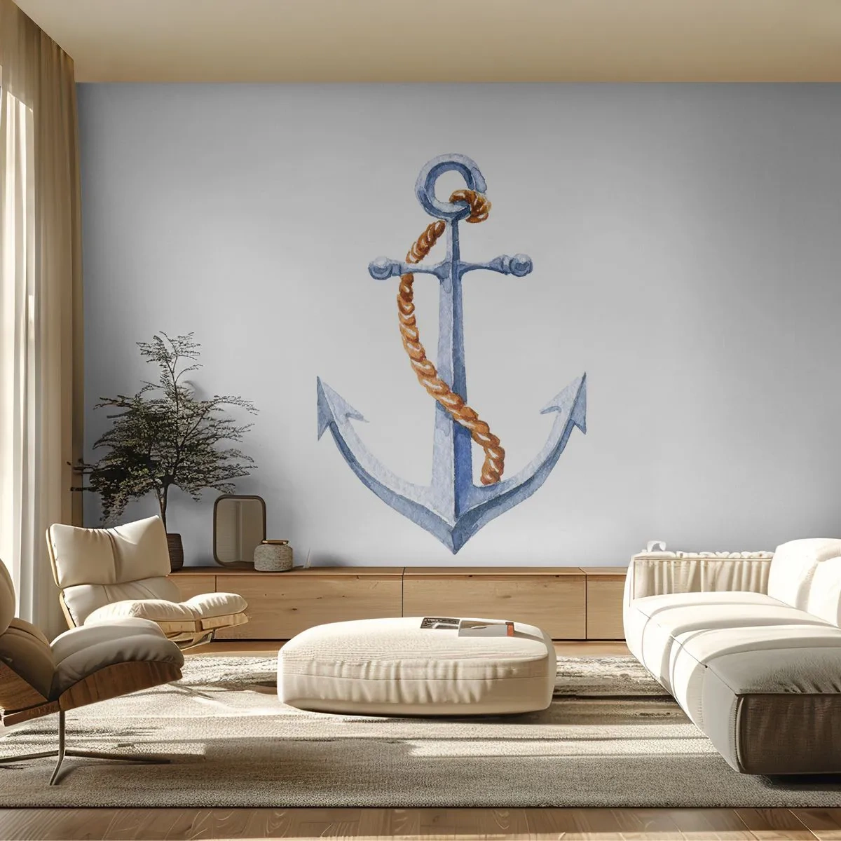Fotomural Premium Sand - Ancla de acuarela con cuerda sobre fondo blanco. - 100x70cm - ¡Ah, aventura! - Decoración de pared moderna para salón y dormitorio ARTTOR
