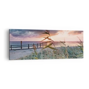 Cuadro sobre lienzo - Impresión de Imagen - Playa al atardecer con hierbas en primer plano - 140x50cm - Bailando con el viento - Decoración de pared moderna para salón y dormitorio ARTTOR
