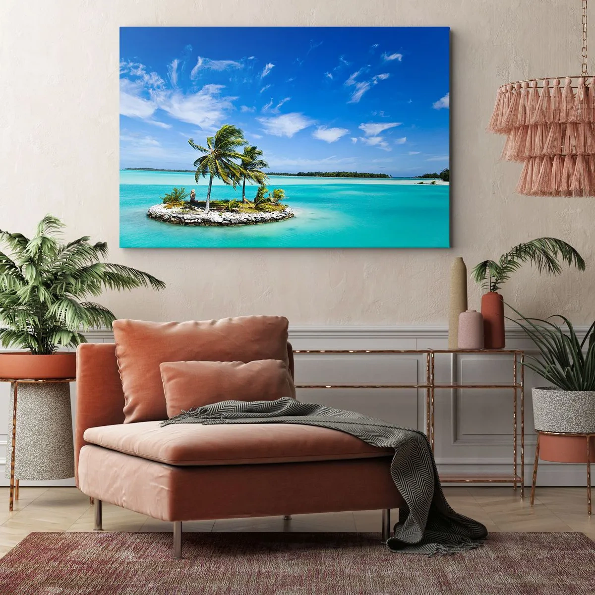 Cuadro sobre lienzo - Impresión de Imagen - Una isla exótica con palmeras sobre aguas turquesas. - 70x50cm - El paraíso en la Tierra - Decoración de pared moderna para salón y dormitorio ARTTOR