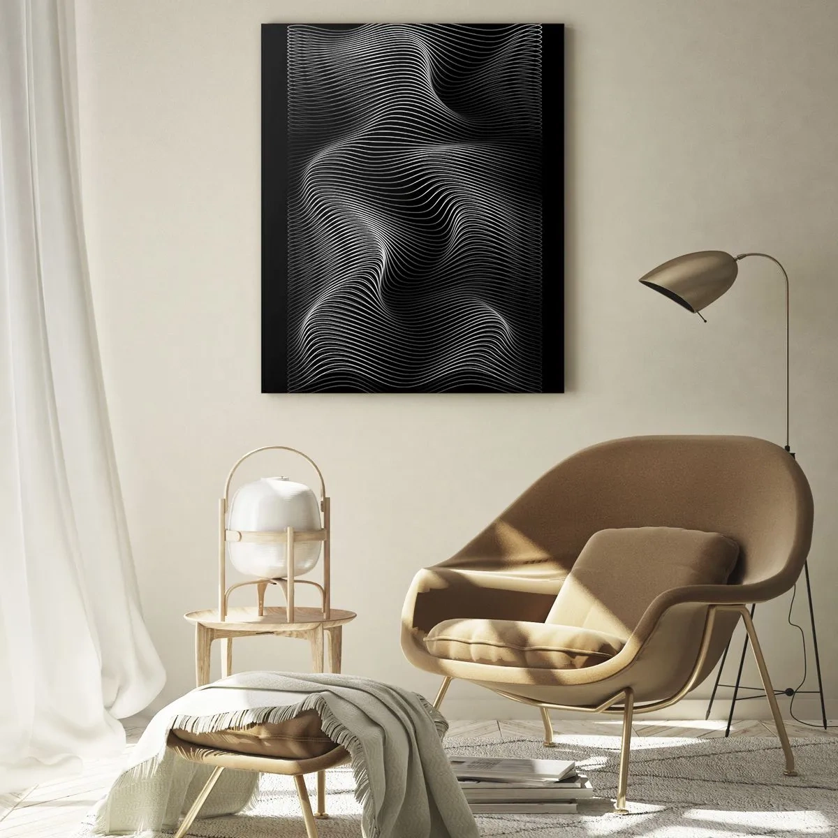 Cuadro sobre vidrio - Impresiones sobre Vidrio - Líneas blancas abstractas sobre un fondo negro - 80x120cm - La danza de la luz en el espacio - Decoración de pared moderna para salón y dormitorio ARTTOR