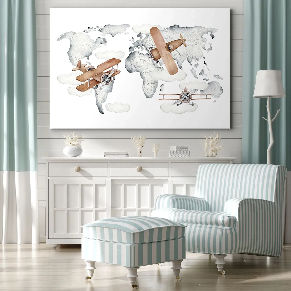 Cuadro sobre lienzo - Impresión de Imagen - Ilustración de un mapa del mundo con aviones - 120x80cm - Con espíritu pionero - Decoración de pared moderna para salón y dormitorio ARTTOR