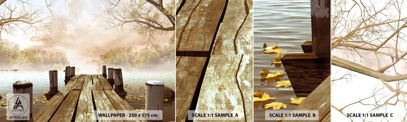 Muestra De Fotomural Standard Eco - La leve tristeza del otoño - Paisaje, Lago, Puente de madera - 100x30 cm