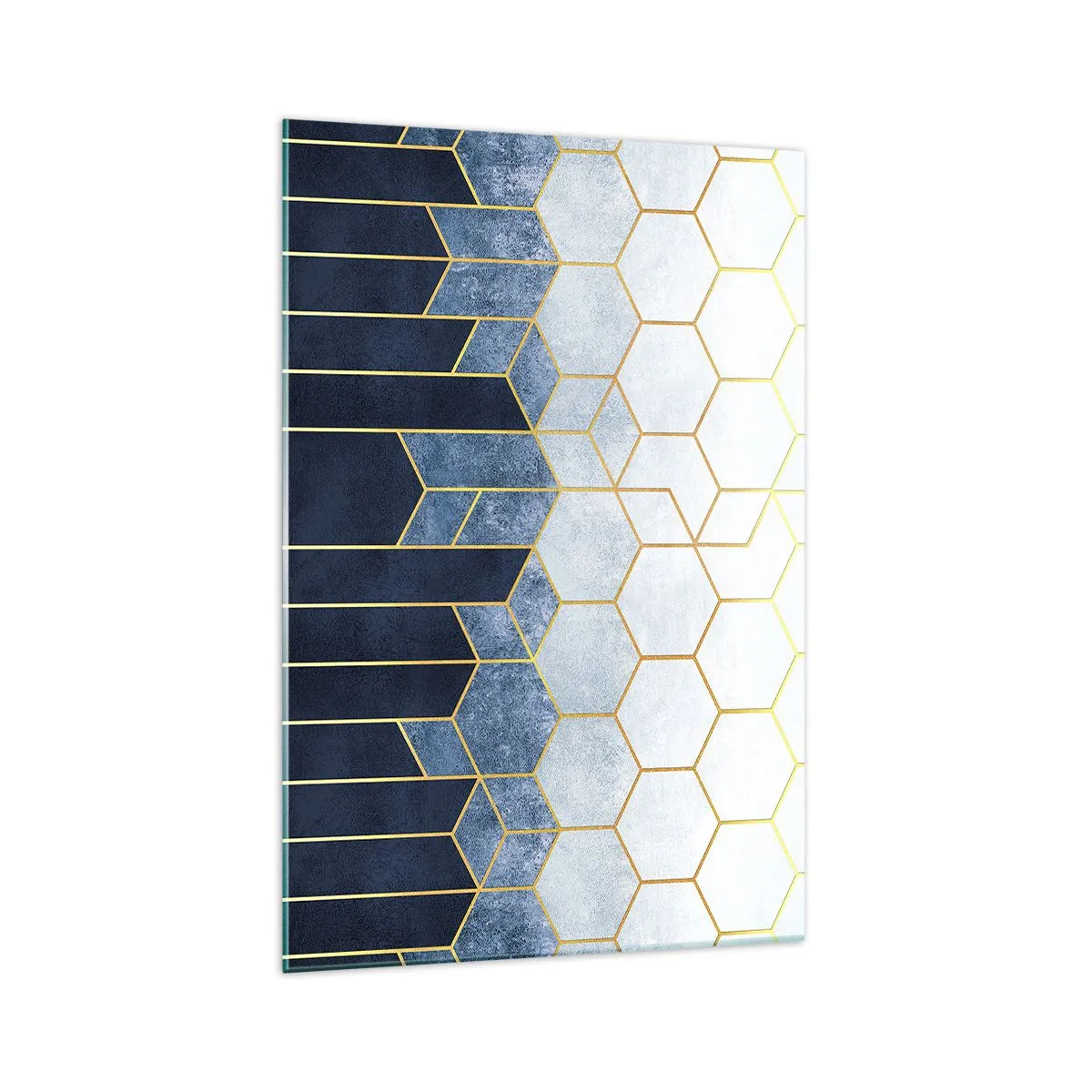 Cuadro sobre vidrio - Impresiones sobre Vidrio - Patrón geométrico en tonos dorados y azul marino. - 70x100cm - Composición rítmica visual - Decoración de pared moderna para salón y dormitorio ARTTOR
