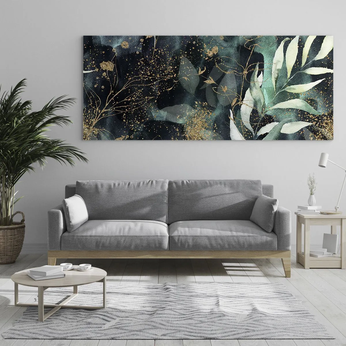 Cuadro sobre vidrio - Impresiones sobre Vidrio - Hojas elegantes sobre un fondo oscuro con acentos dorados. - 160x50cm - Jardín encantado - Decoración de pared moderna para salón y dormitorio ARTTOR