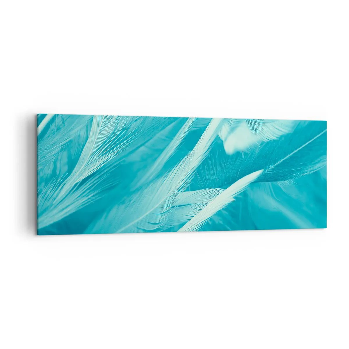Cuadro sobre lienzo - Impresión de Imagen - Delicadas plumas turquesas en primer plano - 140x50cm - Un manto real  - Decoración de pared moderna para salón y dormitorio ARTTOR